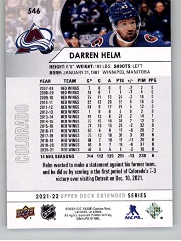 2021-22 Punctul superior extins 546 Darren Helm Colorado Avalanche NHL Card de tranzacționare Hockey