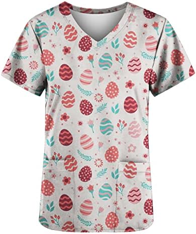 Femei V gât Floral Grafic Scrub fericit cadou Paști bluza camasa pentru femei Vara Toamna cu buzunare ZR ZR