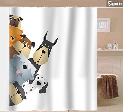 Sunlit Peekaboo Cute Dogs Curious Cartoon Puppy Fabric Curta de duș pentru copii iubitori de câini, tawny cu dalmatian bulldog