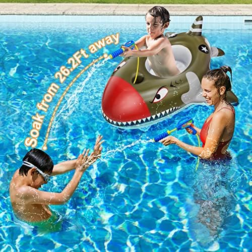 AMENON [2 pistoale cu jet de apă] 2 pachete Shark Pool Float pentru copii, inele de înot gonflabile Boat Beach Pool Floaties