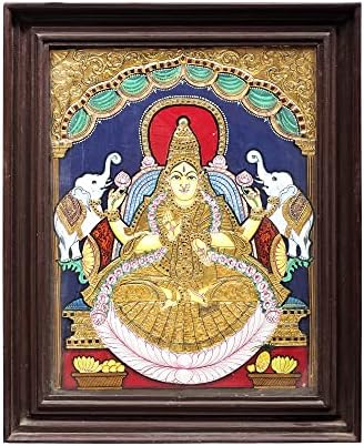 India exotică 17 x 21 Padmasana Gajalakshmi Tanjore Painting | Culori tradiționale cu aur de 24k | Cadru de teakwood