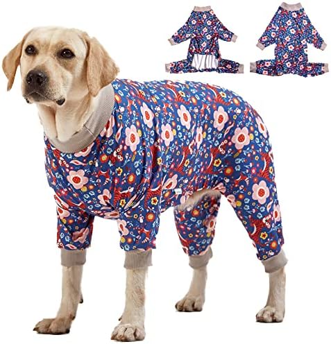 Pajamine Lovinpet Pit Bull Câini mari PJS - Tiger Garden Blue and Pink Print/Lightweight Stretchy Knit Big Dog Jammies, pijamale pentru câini de rasă mare, animale de companie PJ/mari