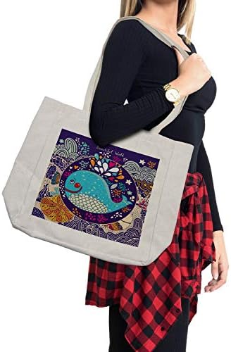 Geanta de cumpărături pentru animale de mare din Ambesonne, ilustrație de desene animate cu balenă zâmbitoare în valuri de