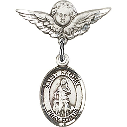 Insignă pentru bebeluși din argint Sterling cu farmec St. Rachel și înger cu insignă cu aripi 7/8 X 3/4 inci