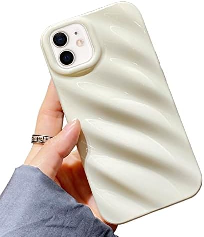 Raleavo Cute Curly Wave Carcasă pentru iPhone 12 6,1 inci, Model de apă Telefon cu o natură subțire Slimproof Satin Satin Glossy pentru fete băieți Silicon 3D fără alunecare -BEIGE
